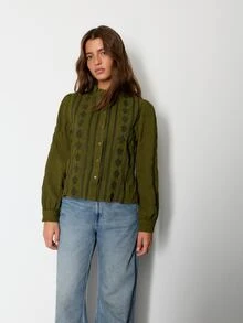Nöista Olive Green Embroidered Shirt. Suitable For Casual Wear Fall/Winter, Commuting, Campus Parties.Going Out .Versatile - Green - View 4
