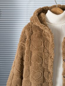 SHEIN 青少年女孩愛心壓紋連帽雙面抓絨外套 長袖中長版毛茸茸夾克 舒適秋冬外套 - 棕色 - 查看 4