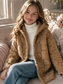 SHEIN 青少年女孩愛心壓紋連帽雙面抓絨外套 長袖中長版毛茸茸夾克 舒適秋冬外套 - 棕色 - 查看 3
