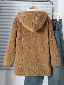 SHEIN 青少年女孩愛心壓紋連帽雙面抓絨外套 長袖中長版毛茸茸夾克 舒適秋冬外套 - 棕色 - 查看 2