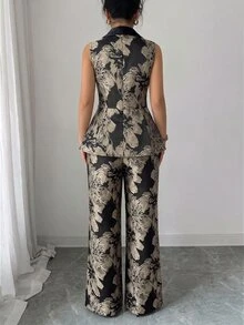 Elenzga Plus Size Sleeveless Textured Jacquard Satin Black & Gold Waist-Cinched A-Line Blazer & Straight Leg Pants Slimming Elegant Commute Versatile Women's Suit Set - Black - View 2