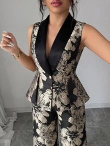Elenzga Plus Size Sleeveless Textured Jacquard Satin Black & Gold Waist-Cinched A-Line Blazer & Straight Leg Pants Slimming Elegant Commute Versatile Women's Suit Set - Black - View 8