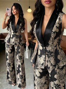 Elenzga Plus Size Sleeveless Textured Jacquard Satin Black & Gold Waist-Cinched A-Line Blazer & Straight Leg Pants Slimming Elegant Commute Versatile Women's Suit Set - Black - View 1