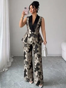 Elenzga Plus Size Sleeveless Textured Jacquard Satin Black & Gold Waist-Cinched A-Line Blazer & Straight Leg Pants Slimming Elegant Commute Versatile Women's Suit Set - Black - View 7