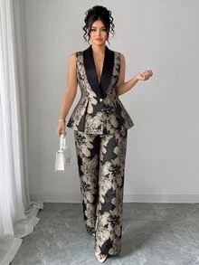 Elenzga Plus Size Sleeveless Textured Jacquard Satin Black & Gold Waist-Cinched A-Line Blazer & Straight Leg Pants Slimming Elegant Commute Versatile Women's Suit Set - Black - View 4