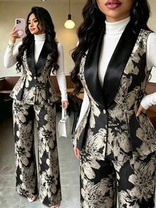 Elenzga Plus Size Sleeveless Textured Jacquard Satin Black & Gold Waist-Cinched A-Line Blazer & Straight Leg Pants Slimming Elegant Commute Versatile Women's Suit Set - Black - View 5