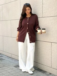 Easura Plus Size Brown & Gold Button Lantern Sleeve Cardigan Sweater, Casual Vintage Comfortable - Brown - View 4