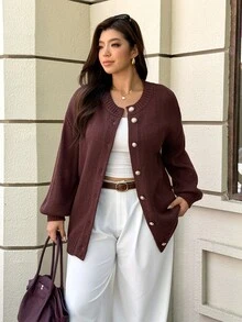 Easura Plus Size Brown & Gold Button Lantern Sleeve Cardigan Sweater, Casual Vintage Comfortable - Brown - View 6