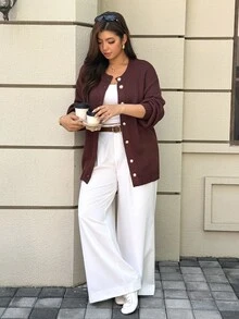 Easura Plus Size Brown & Gold Button Lantern Sleeve Cardigan Sweater, Casual Vintage Comfortable - Brown - View 5