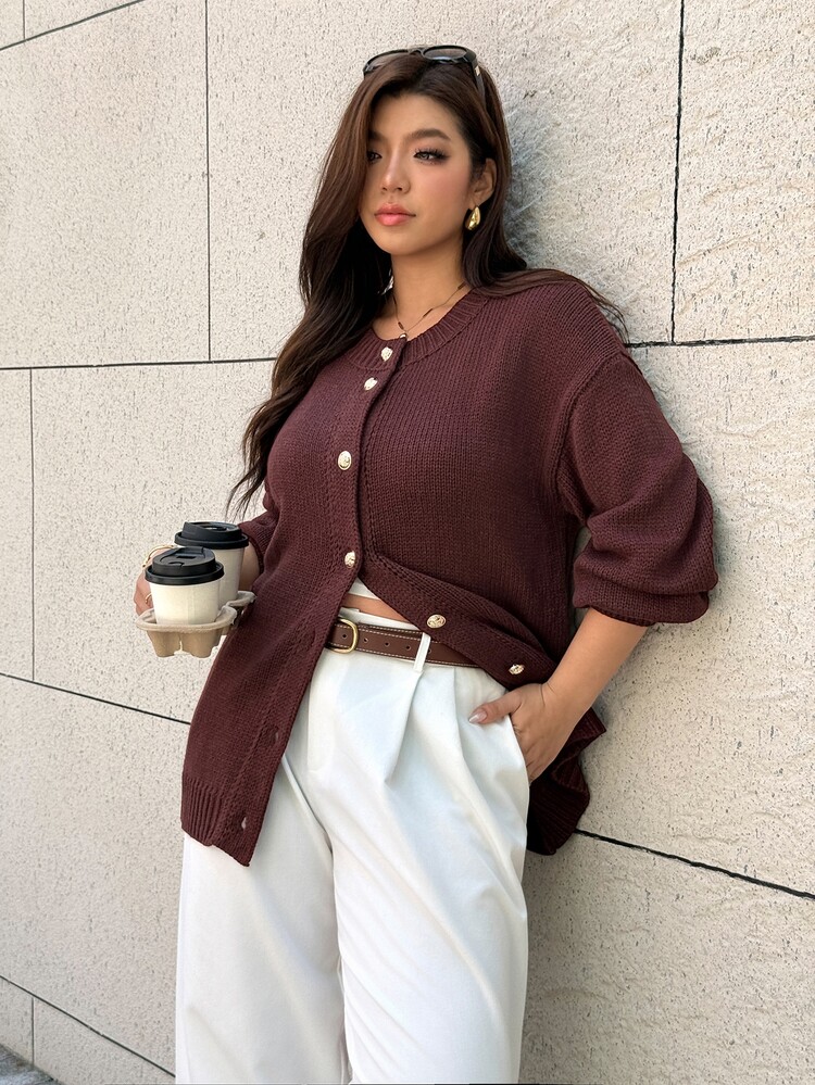 Easura Plus Size Brown & Gold Button Lantern Sleeve Cardigan Sweater, Casual Vintage Comfortable - Brown - View 3