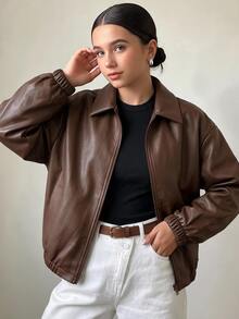 SHEIN Reset Phase 秋冬青少年女孩純色寬鬆夾克外套，長袖，抓絨，秋季服飾，紋理PU面料，自然高級光澤 - 棕色 - 查看 2