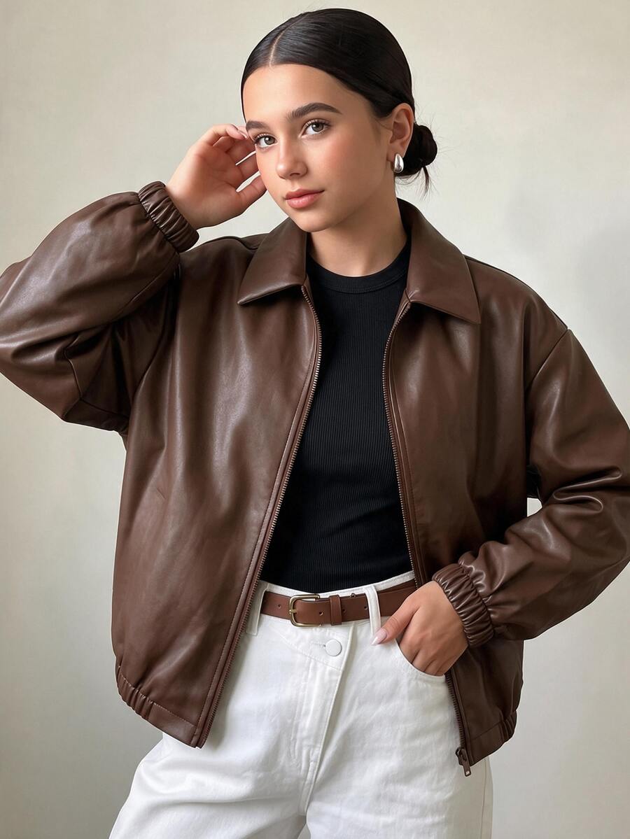 SHEIN Reset Phase 秋冬青少年女孩純色寬鬆夾克外套，長袖，抓絨，秋季服飾，紋理PU面料，自然高級光澤