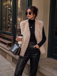 Balvessa Fuzzy Short Vest Plush Jacket Thickened Women's Elegant Retro Fashion Vest For Outing And Commuting - Apricot - View 4