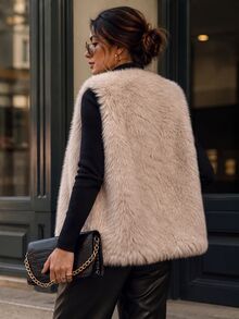 Balvessa Fuzzy Short Vest Plush Jacket Thickened Women's Elegant Retro Fashion Vest For Outing And Commuting - Apricot - View 2
