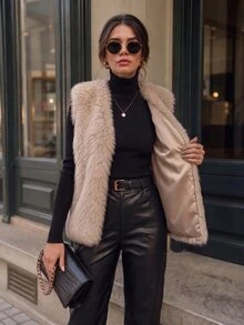 Balvessa Fuzzy Short Vest Plush Jacket Thickened Women's Elegant Retro Fashion Vest For Outing And Commuting - Apricot - View 5
