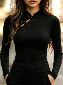 RosyDaze Women's Elegant Frog Button Long Sleeve Fashion T-Shirt For Commuting - Black - View 3