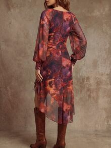 SHEIN 秋季新款深紫色油畫漸層網紗深V領抓褶泡泡袖不對稱下擺緊身洋裝，優雅性感，適合萬聖節夜店外訪 - 紫色 - 查看 3