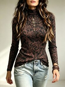 SHEIN Women's Fall/Winter Black Brown Pattern Mock Neck Long-Sleeve Base Layer, Slim Stretch Inner Top, Chic Occasion Wear For Daily Commute Home - Multicolor - View 4