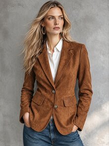 Trelyra Women's Fall Brown Lapel Single-Breasted Blazer,Long-Sleeve Waisted Mid-Length Suit Jacket,Sophisticated Occasion Wear For Business Commute Office - Rust Brown - View 3