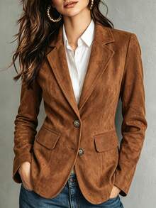 Trelyra Women's Fall Brown Lapel Single-Breasted Blazer,Long-Sleeve Waisted Mid-Length Suit Jacket,Sophisticated Occasion Wear For Business Commute Office - Rust Brown - View 1