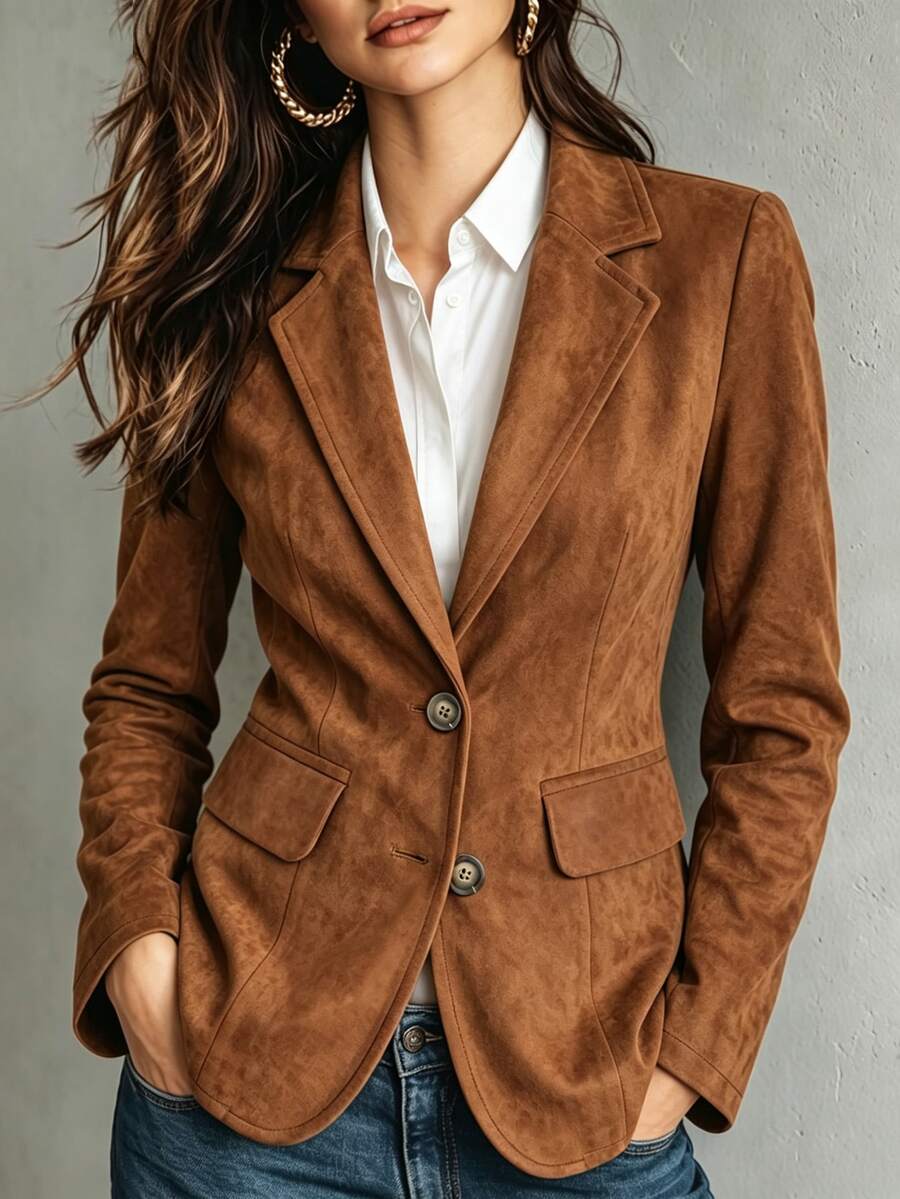 Trelyra Women's Fall Brown Lapel Single-Breasted Blazer,Long-Sleeve Waisted Mid-Length Suit Jacket,Sophisticated Occasion Wear For Business Commute Office - Rust Brown - View 1