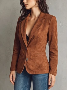 Trelyra Women's Fall Brown Lapel Single-Breasted Blazer,Long-Sleeve Waisted Mid-Length Suit Jacket,Sophisticated Occasion Wear For Business Commute Office - Rust Brown - View 6