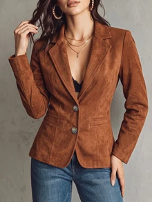 Trelyra Women's Fall Brown Lapel Single-Breasted Blazer,Long-Sleeve Waisted Mid-Length Suit Jacket,Sophisticated Occasion Wear For Business Commute Office - Rust Brown - View 5