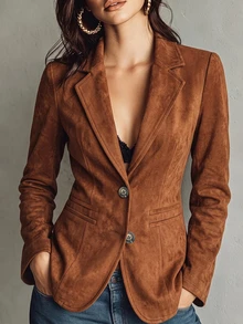 Trelyra Women's Fall Brown Lapel Single-Breasted Blazer,Long-Sleeve Waisted Mid-Length Suit Jacket,Sophisticated Occasion Wear For Business Commute Office - Rust Brown - View 4