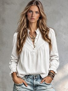 SHEIN Women's Fashion Blue Denim Effect Ruffle Collar Gathered Sleeve Loose Fit Versatile Shirt, Suitable For Daily Wear, Commuting, Casual Dating - White - View 3