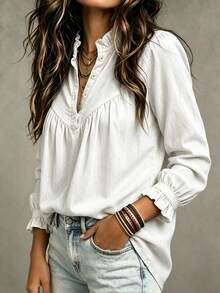 SHEIN Women's Fashion Blue Denim Effect Ruffle Collar Gathered Sleeve Loose Fit Versatile Shirt, Suitable For Daily Wear, Commuting, Casual Dating - White - View 6