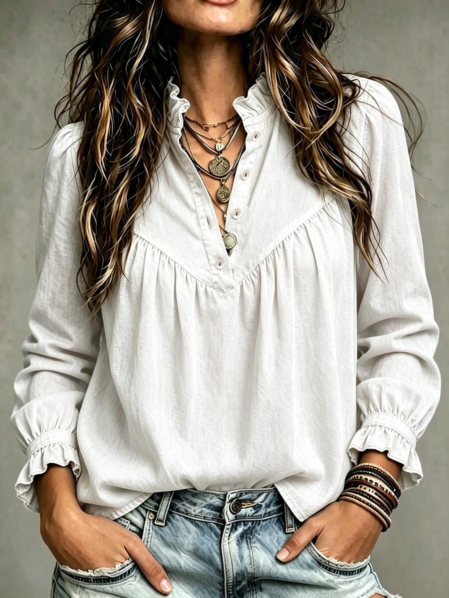 SHEIN Women's Fashion Blue Denim Effect Ruffle Collar Gathered Sleeve Loose Fit Versatile Shirt, Suitable For Daily Wear, Commuting, Casual Dating - White - View 1