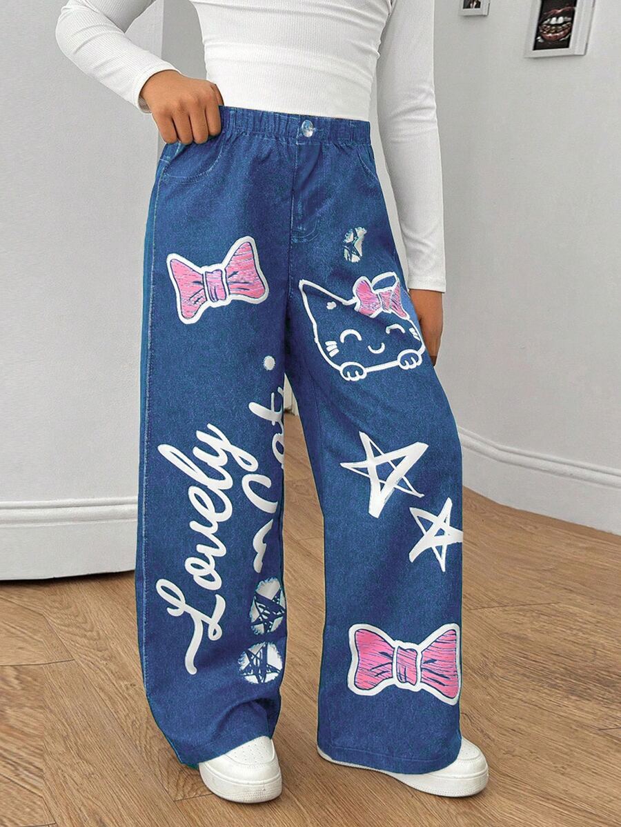 SHEIN Sparklyn Tween Girls Fall Clothes Elastic Waist Loose Printed Wide Leg Pants& Everyday Wear, Spring/Autumn, Casual, Back To School, Outfit