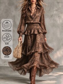 SHEIN 女款豹紋翻領鈕扣長袖襯衫+層次荷葉邊裙 2件套 棕色 秋季 優雅 波希米亞復古 通勤休閒度假宴會 - 彩色 - 查看 2