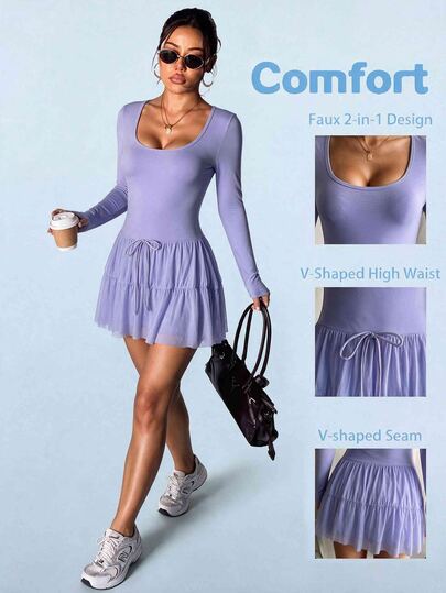 SHEIN Sovereign Charm Women's Sports Dress, 2-In-1 Design, Mesh Hem Splice, Suitable For Casual Wear, Running, Yoga, Fitness, Tennis, Golf