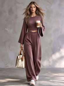 SHEIN Fashionable New Fall/Winter Pleated Design Top + Crossed-Waisted Trousers Women's Two Pieces Set,Work Outfits For Women,Holiday Going Out Outfits - Rust Brown - View 5