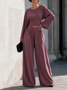SHEIN Fashionable New Fall/Winter Pleated Design Top + Crossed-Waisted Trousers Women's Two Pieces Set,Work Outfits For Women,Holiday Going Out Outfits - Rust Brown - View 8