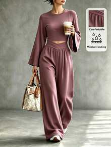 SHEIN Fashionable New Fall/Winter Pleated Design Top + Crossed-Waisted Trousers Women's Two Pieces Set,Work Outfits For Women,Holiday Going Out Outfits - Rust Brown - View 2