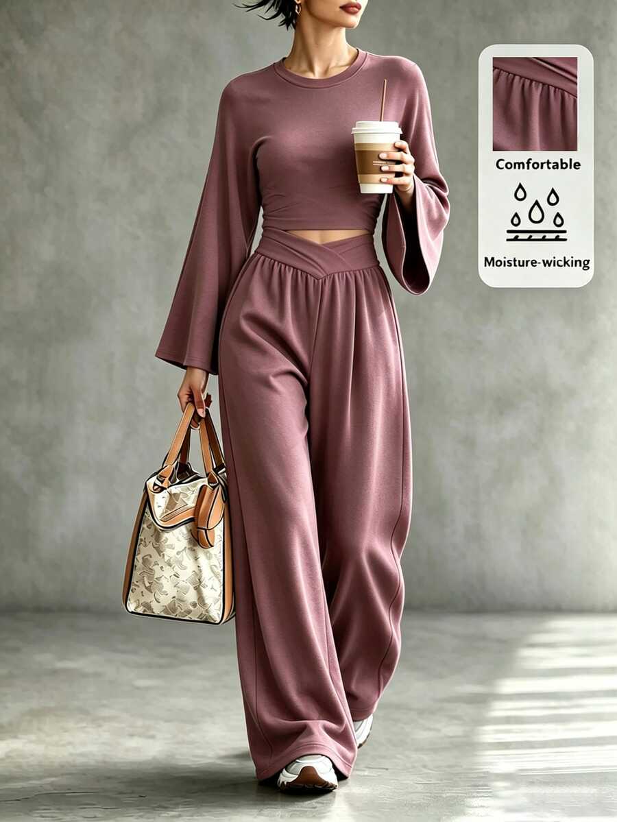 SHEIN Fashionable New Fall/Winter Pleated Design Top + Crossed-Waisted Trousers Women's Two Pieces Set,Work Outfits For Women,Holiday Going Out Outfits