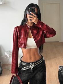 Coolane 女款秋冬街頭風休閒 Grunge Techno 龐克 Y2K 派對彈性反光紅色長袖短版夾克，聖誕節、新年 - 紅色 - 查看 4