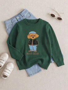 PrepCrw Young Boy Puppy Pattern Green Crew Neck Long Sleeve Sweater,Thanksgiving,Christmas,Winter,Winter Clothes,Cozy Fall & Winter Styles, - Dark Green - View 2