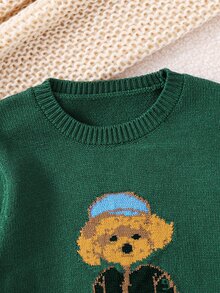 PrepCrw Young Boy Puppy Pattern Green Crew Neck Long Sleeve Sweater,Thanksgiving,Christmas,Winter,Winter Clothes,Cozy Fall & Winter Styles, - Dark Green - View 6