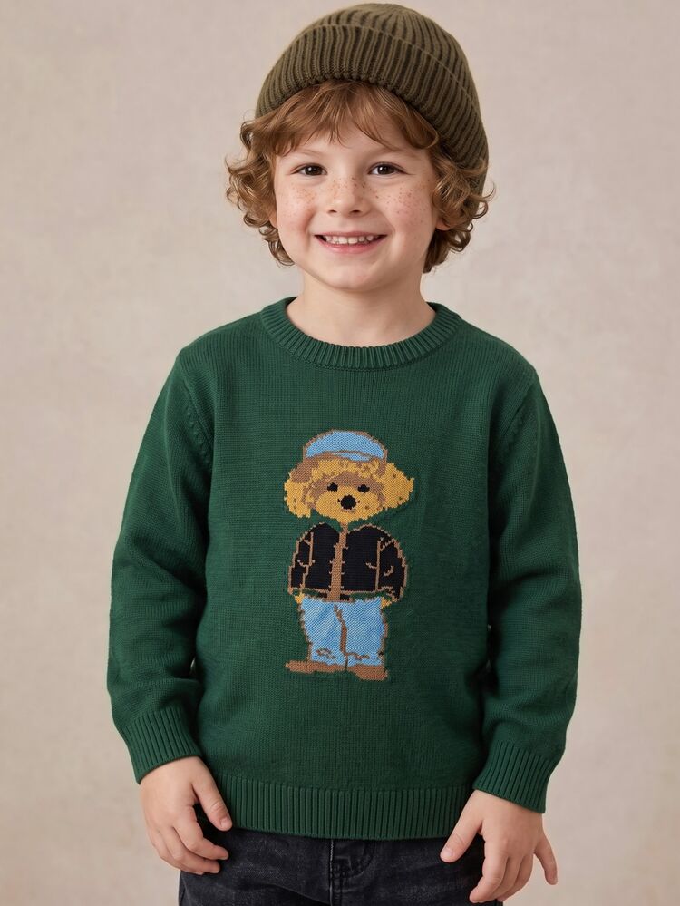 PrepCrw Young Boy Puppy Pattern Green Crew Neck Long Sleeve Sweater,Thanksgiving,Christmas,Winter,Winter Clothes,Cozy Fall & Winter Styles, - Dark Green - View 1