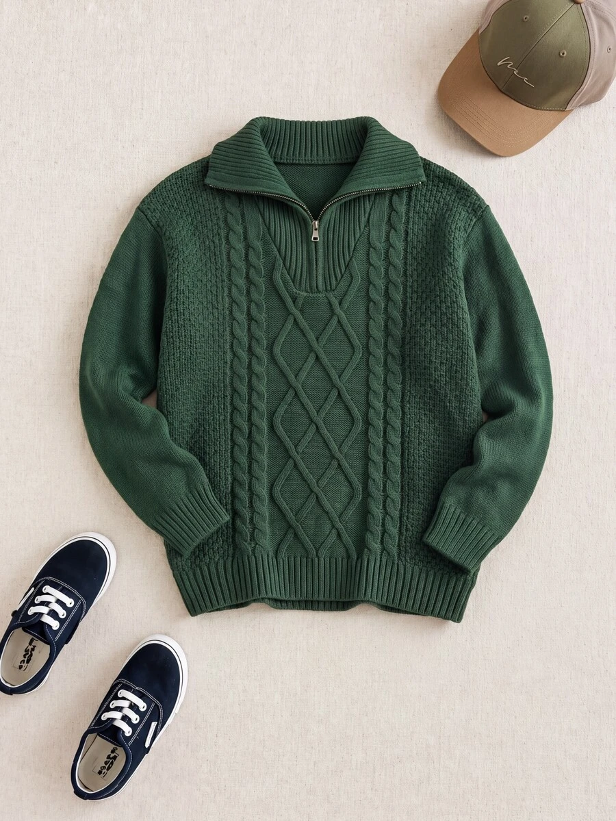 PrepCrw Tween Boys' Casual Turndown Collar Half-Zip Up Long Sleeve Knitted Sweater Fall Winter - Dark Green - View 1