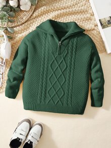 PrepCrw Tween Boys' Casual Turndown Collar Half-Zip Up Long Sleeve Knitted Sweater Fall Winter - Dark Green - View 2