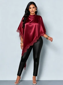 SOLERSUN Damen-Bluse aus aprikotfarbenem Satin mit Spitzenbesatz, asymmetrischem Saum und gerafftem Poncho-Schnitt, elegantes romantisches Sommer-Party-Shirt, Resort-, Abend- und Urlaubs-Chic - Bordeaux - Übersicht 4