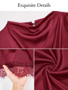 SOLERSUN Damen-Bluse aus aprikotfarbenem Satin mit Spitzenbesatz, asymmetrischem Saum und gerafftem Poncho-Schnitt, elegantes romantisches Sommer-Party-Shirt, Resort-, Abend- und Urlaubs-Chic - Bordeaux - Übersicht 11