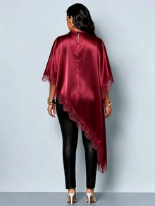 SOLERSUN Damen-Bluse aus aprikotfarbenem Satin mit Spitzenbesatz, asymmetrischem Saum und gerafftem Poncho-Schnitt, elegantes romantisches Sommer-Party-Shirt, Resort-, Abend- und Urlaubs-Chic - Bordeaux - Übersicht 3