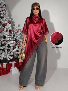 SOLERSUN Damen-Bluse aus aprikotfarbenem Satin mit Spitzenbesatz, asymmetrischem Saum und gerafftem Poncho-Schnitt, elegantes romantisches Sommer-Party-Shirt, Resort-, Abend- und Urlaubs-Chic - Bordeaux - Übersicht 2