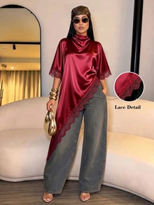 SOLERSUN Damen-Bluse aus aprikotfarbenem Satin mit Spitzenbesatz, asymmetrischem Saum und gerafftem Poncho-Schnitt, elegantes romantisches Sommer-Party-Shirt, Resort-, Abend- und Urlaubs-Chic - Bordeaux - Übersicht 10