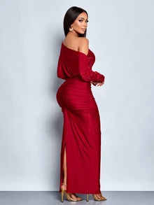 SOLERSUN Women's Burgundy Elegant Asymmetrical Neck Long Sleeve Ruched Bodycon Dress, Christmas Party Vacation Dating Fall, Christmas Women's Clothing - Burgundy - View 2